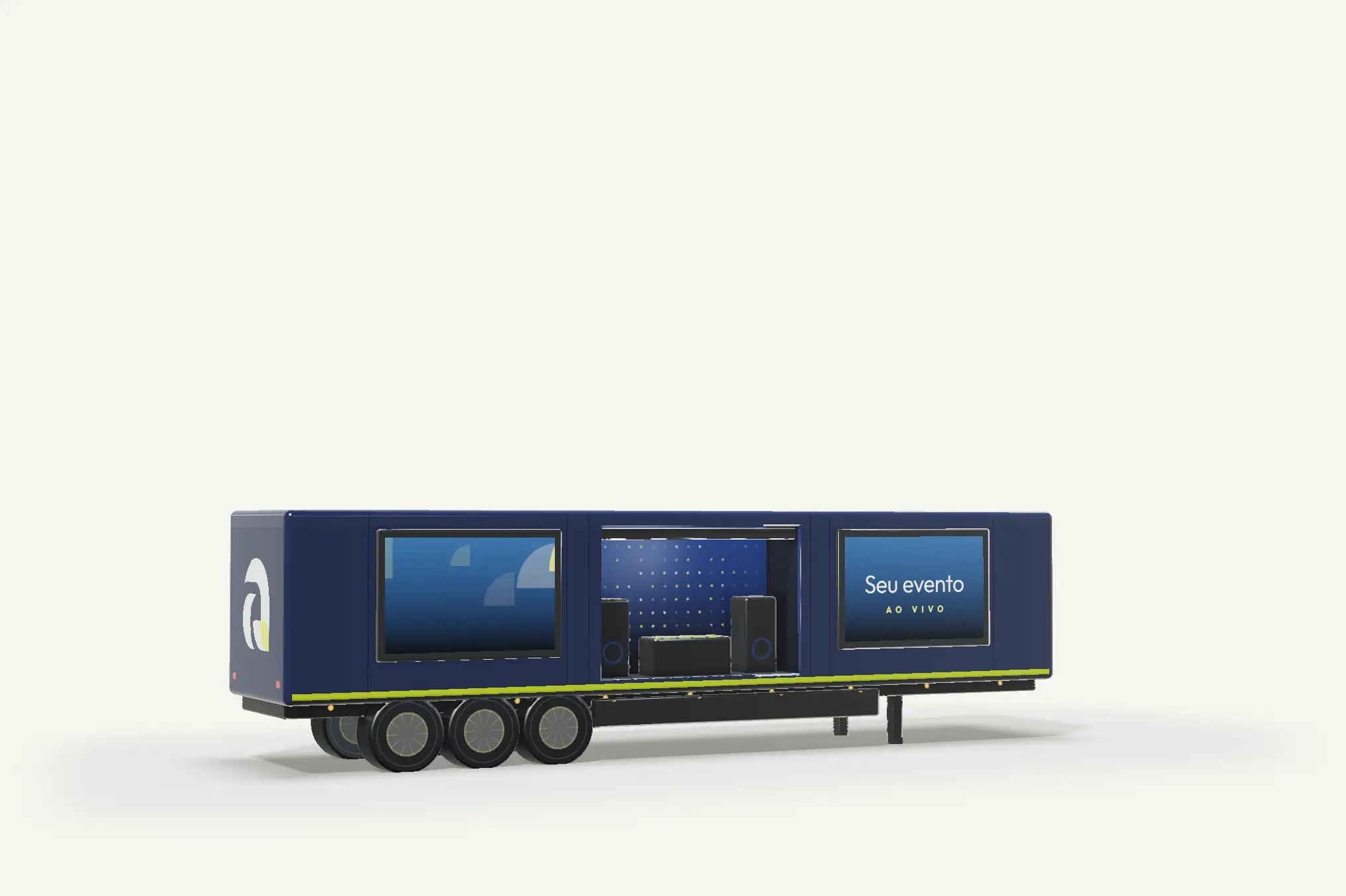 Carreta-palco Aura Truck aberta, com o palco no centro e um telão de LED de cada lado