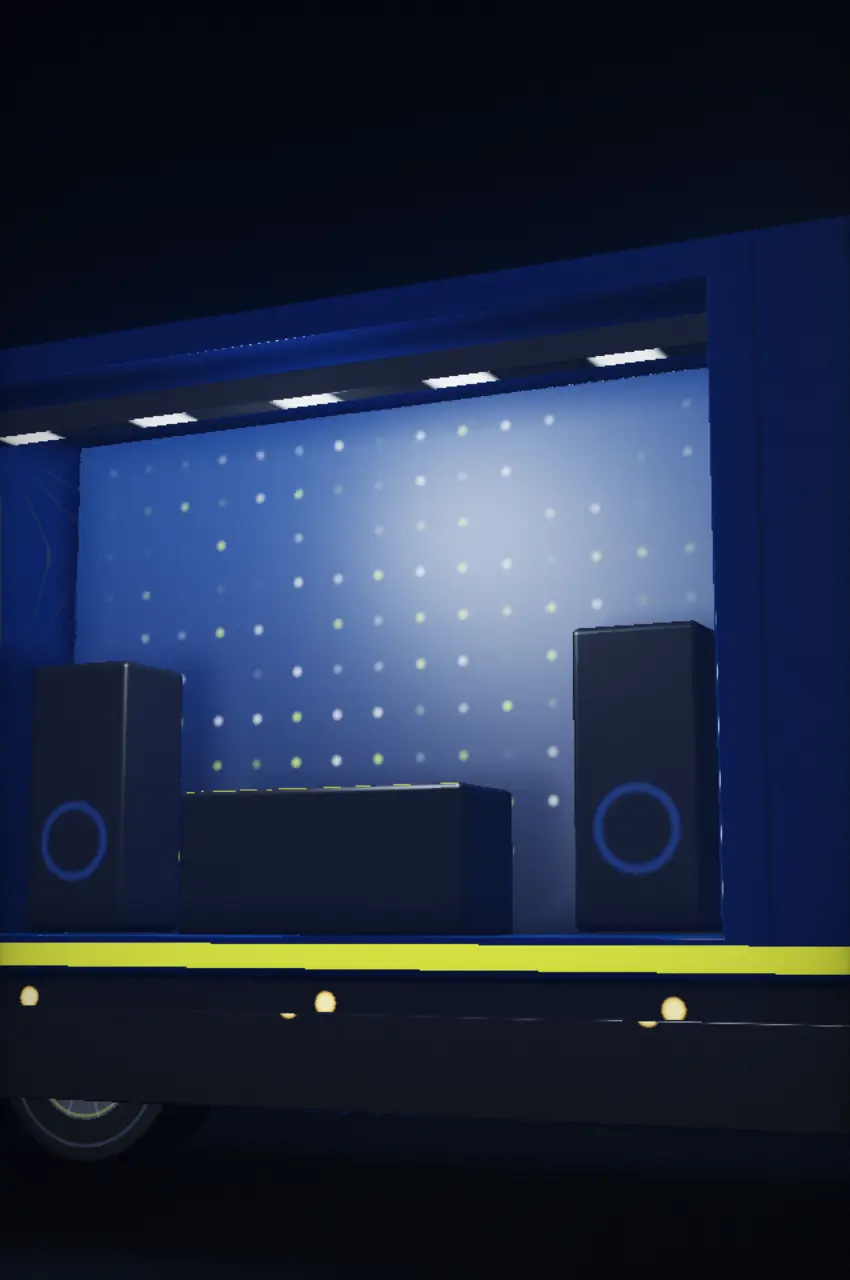Palco aberto da carreta, com caixas de som e luzes